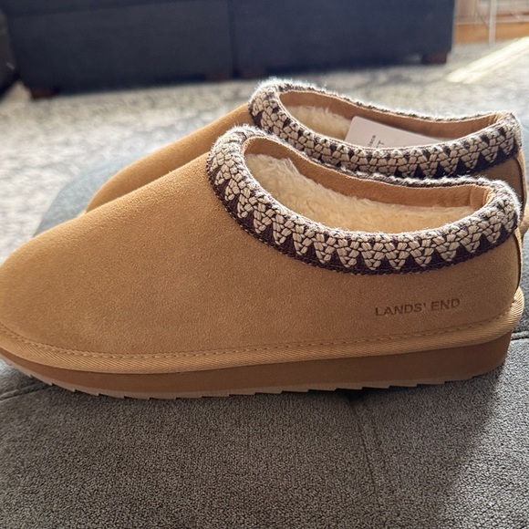 Lands' End Tan Suede Slippers with Patterned Trim - Picture 7 of 9